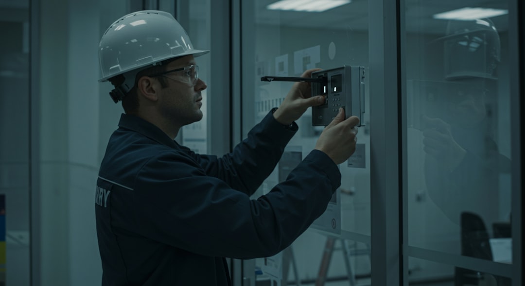 Certified technician with hard hat inspecting an electrical control panel